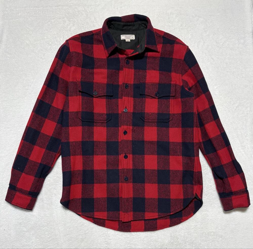 Wallace & Barnes Shirt Mens Medium Red Black Plaid Wool Flannel Long Sleeve